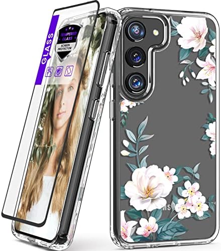 Dagoroo para a caixa Samsung Galaxy S23 com protetor de tela de vidro temperado, meninas Mulheres Cristal Clear Flower Pattern