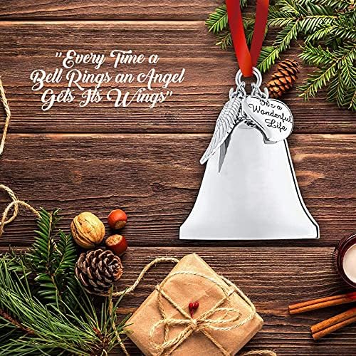 SallyDream Christmas Bell com ornamento de asa de anjo de aço inoxidável “É uma vida maravilhosa nos ornamentos de Natal