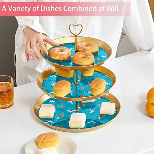 3 Placa de fruta de cupcake de 3 camadas de sobremesa Plástico para servir suporte de exibição para casamento de aniversário Decorações de chá de chá de chá de bebê redondo, foguete e espacmen