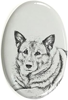 Elkhound norueguês, lápide oval de azulejo de cerâmica com uma imagem de um cachorro