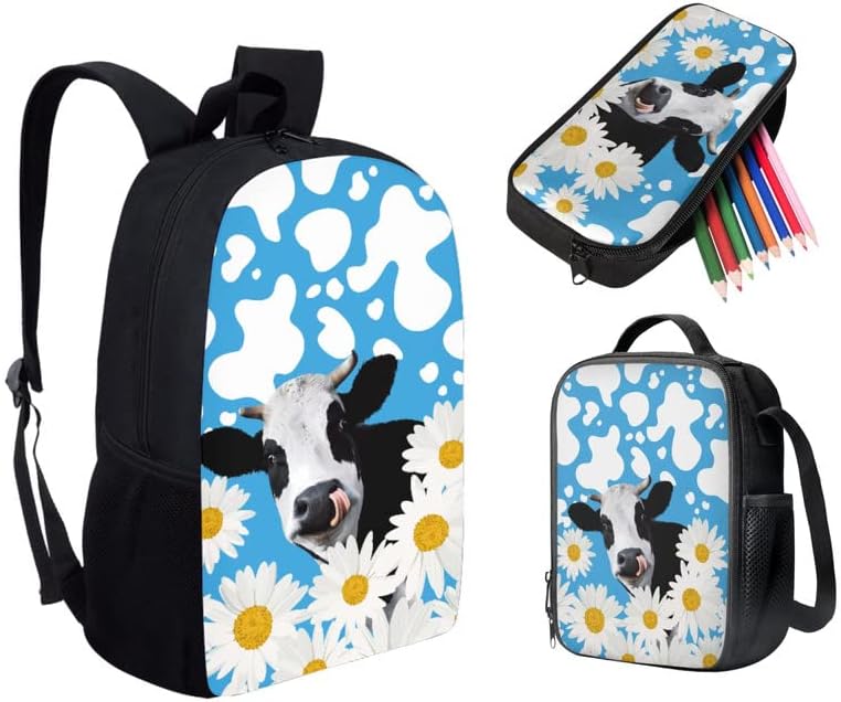 Jndtueit Cow Daisy 3 peças/set backpack infantil, lancho de lancho para garotas para meninos, floral floral de bagamento floral