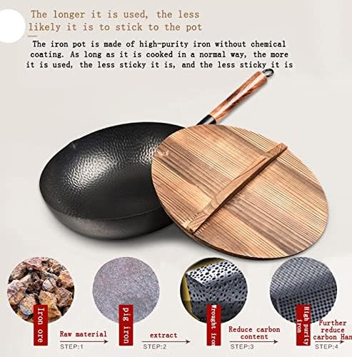 YXBDN 32cm tradicional feito à mão wok de ferro espessamento não revestido Pan Wok Cook com tampa de madeira
