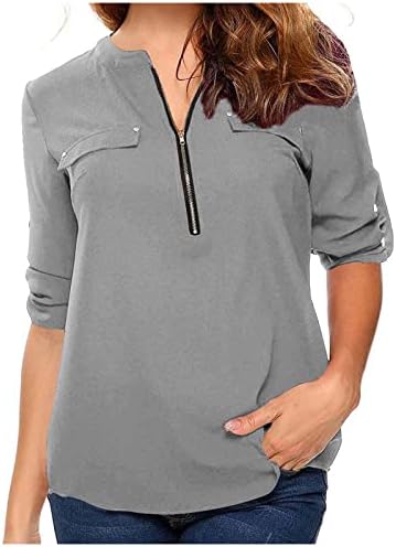 Mulheres V pescoço de chiffon zip up Fit Fit Relaxed Fit Brunch Plain Top camiseta para meninas outono Summer G7 G7