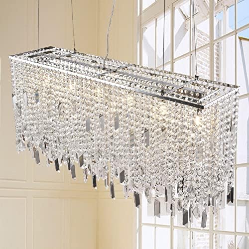 Luminária de lustre moderno, lustres de cristal com miçangas de fazenda, iluminação pendente de cromo LED retangular para cozinha de