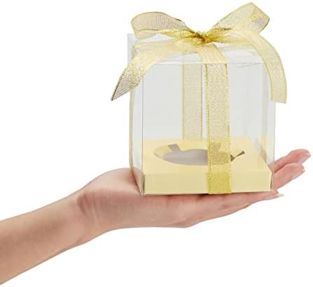 24 Pack Clear Cupcake Boxes para favores de casamento, fita de cetim de ouro e inserções incluídas