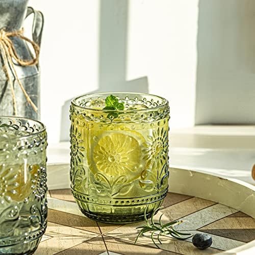 Cups de vidro da SoulTimes Conjunto de vidro de vidro vintage de 4, óculos decorativos florais em relevo, para água, uísque, suco, bebidas, coquetel, copos de cor de cor 12 oz verde