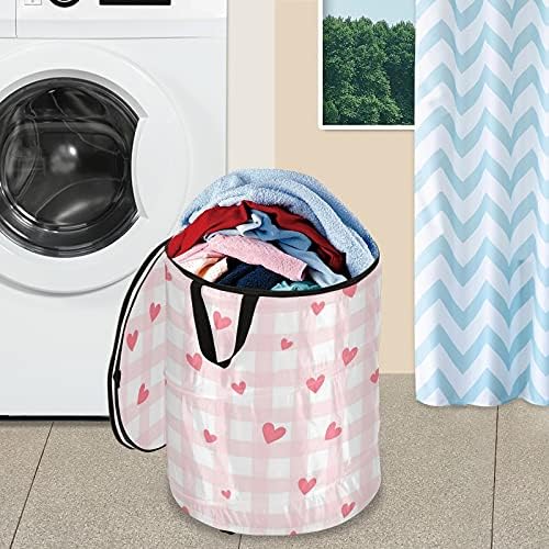 Corações xadrez rosa Pop up up lavanderia cesto com tampa dobrável cesto de armazenamento saco de lavanderia dobrável