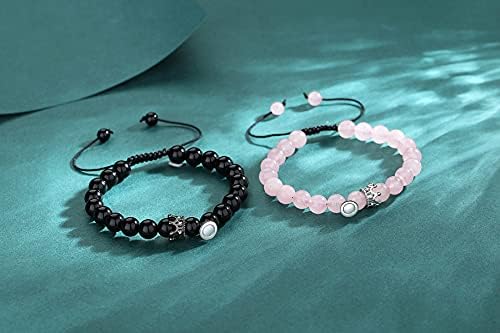 Qinjiejie correspondentes pulseiras pulseiras de casais rosa quartzo cristais de ágata preto miçangas de atração mútua correspondência de pulseiras para feminino para homens 2 pcs presentes de graduação