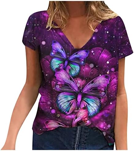 Senhoras Deep V pescoço algodão Butterfly pintando camiseta gráfica floral para meninas adolescentes verão outono 5i 5i