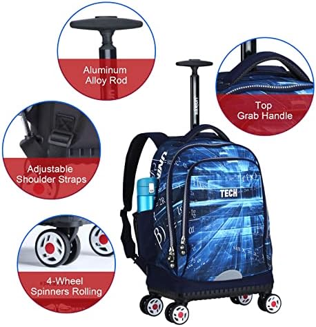Mochila laptop uniker Rolling, bolsa de rolos com rodas giratórias para viajar, carregue uma mochila com 4 rodas Bolsa