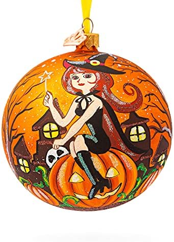 Witch Riding Pumpkin Glass Ball Halloween Ornament