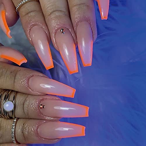 24 PCs Pressione em unhas longas unhas falsas acrílico French, laranja, design nud