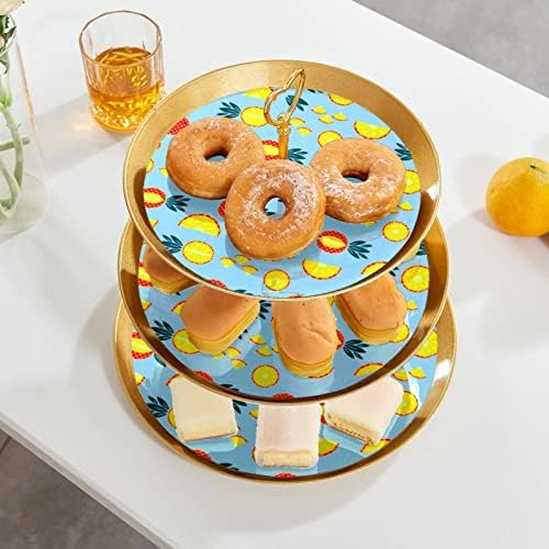 3 Placa de fruta de cupcakes de 3 camadas de sobremesa Plástico para servir suporte de exibição para casamento de aniversário Decorações de chá de chá de chá de bebê redondo, abacaxi azul