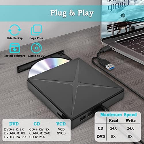 Unidade de CD/DVD externa para laptop, Ultra Slim USB 3.0 Tipo-C CD DVD +/- RW Burner, Player de unidade de disco óptico