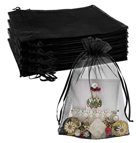 Jexila 100pcs Black Organza Bag 5''x7 '' Sacos de jóias de cordão de malha pura para festas para festas de casamento sacos de presente