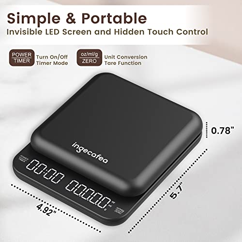 Escala de Peso do Coffee, Escala de Café Digital Ingecafea com Timer 3kg/0,1g de Alta Precisão, despeje sobre o café com característica de tara, Medidas de Escala de Café recarregável para G/oz/ml