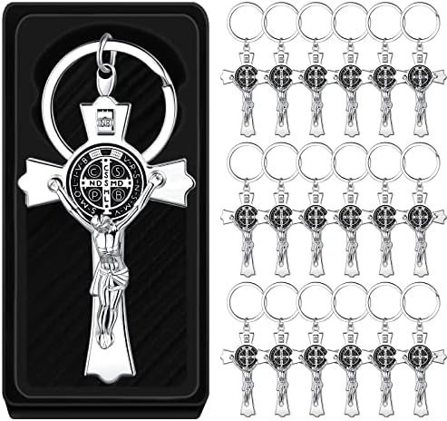 24 pacote saint benedict metal cross Keychain Crucifix Jesus Keychain Recuerdos de Bautizo Para Niño Presentes Católicos