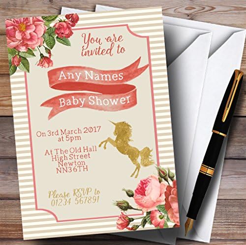 Convites listrados de unicórnio de ouro rosa floral convites para chá de bebê