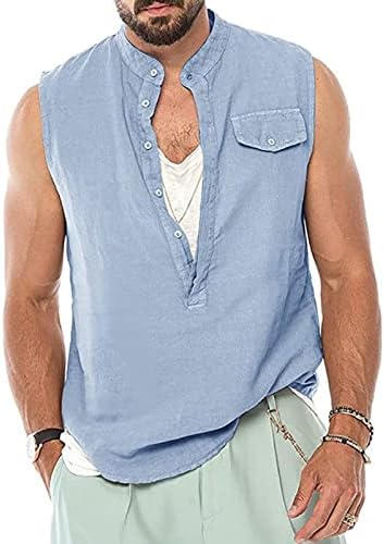 Camisetas sem mangas de linho de algodão ubst para homens Henley Button V Neck Vest Holida de verão Tampas de praia