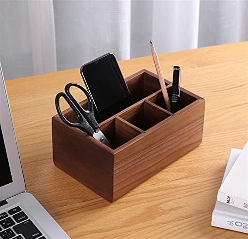 Porta -caneta de madeira, 4 slots copo de organizador de lápis com suporte de controle remoto para mesa, bancadas