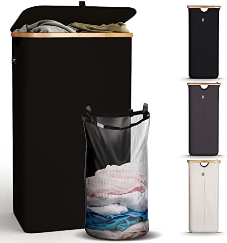 Cesta de lavanderia de Hennez com tampa - 100l Grande cesto de lavanderia de bambu com bolsa removível - lavanderia