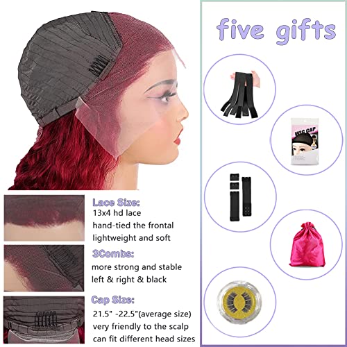 13x4 perucas frontais de renda da Borgonha para mulheres 99J Deep Wave Lace Front Wigs Human Human pré -arrancada com cabelos