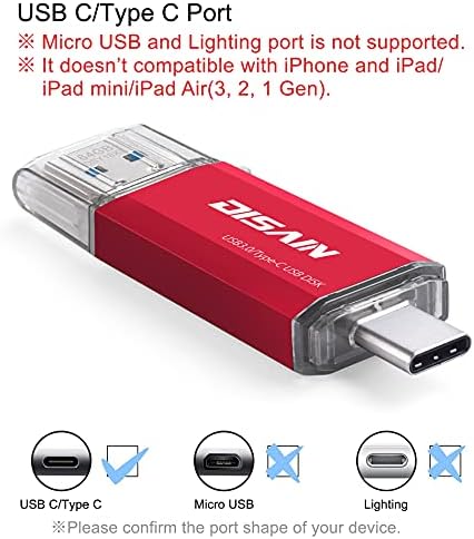 Unidade flash USB C, Disante 64 GB USB C Drive de polegar, 2 pol.
