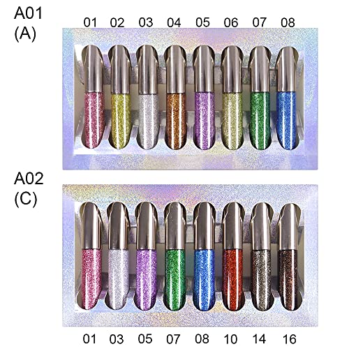 8 cores delineador de glitter líquido, conjunto de maquiagem do linear de olhos brilhantes, roxo claro, ouro, branco prateado,