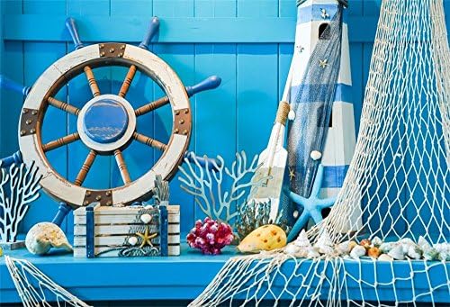 Lfeey 7x5ft parede de madeira azul bengalia náutica Borno -mar conchas de vela de vela roda de roda de roda de pesca