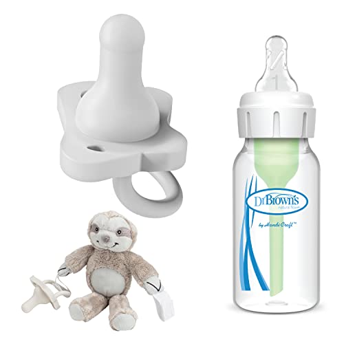 Dr. Brown Fluxo Natural Options Anti-cólico+ garrafa de bebê estreita 4 oz, mamilo de nível 1, com preguiça do happypaci-chupeta, 0-6m