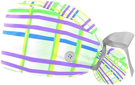 2 Pacote de tampas de trabalho com botão e banda de moletom, geometria abstrata ajustável Bouffant Scrubs Hats Ponytail