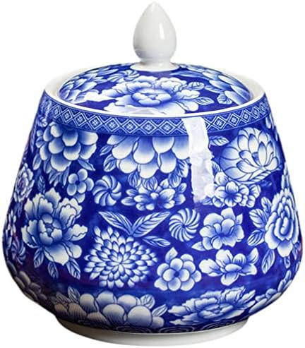 Jarra de armazenamento de chá da decoração de casa Zerodeko, jarra de porcelana azul e branca chinesa com tampa, recipiente de comida latas de chá tradicionais Jarra de açúcar para casa para casa, recipiente de cereal de cozinha