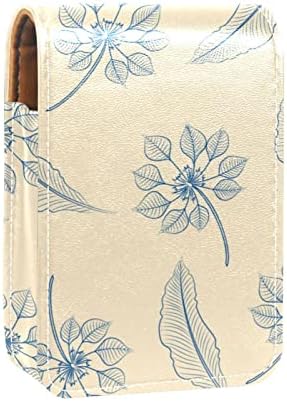 Mini saco de maquiagem com espelho, bolsa de embreagem Caixa de batom de Leatherette, Flores Pastoráveis ​​Folhas Blue Vintage