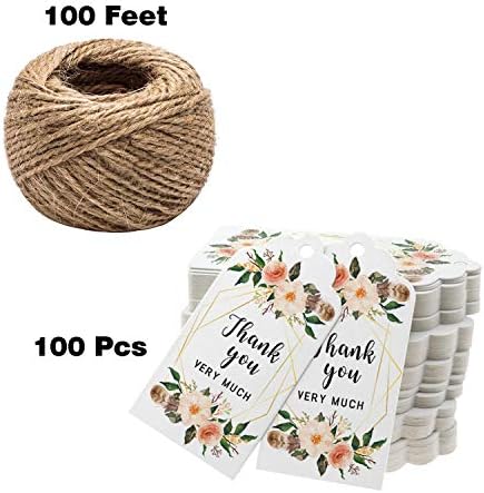 100pcs Obrigado por celebrar tags conosco, Floral Thank You Favor Tags, obrigado Tags pelo chá de bebê, aniversário, casamento, chuveiro de noiva, etiquetas de presente com 100 pés de juta natural.