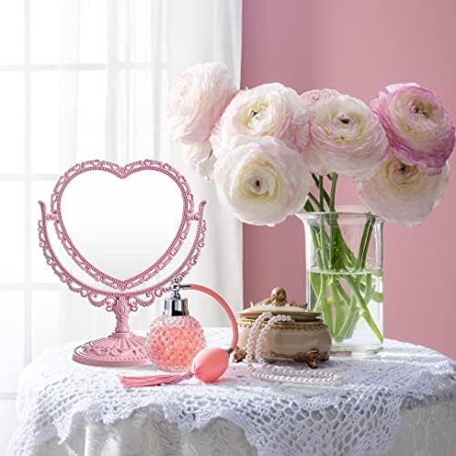 Recesoon Pink Heart espelho duplo lateral, espelho de maquiagem vintage, decoração de mesa de vaidade vintage, decoração