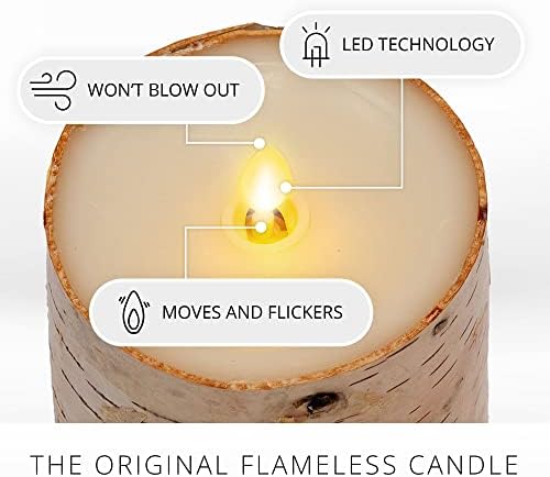 Luminara Realistic Artificial Flame Pillar Candle embrulhada com casca de bétula de verdade - Luzes operadas por bateria de chamas em movimento - sem perfume - pronto remoto - vendido remoto separadamente - 4,0 x 7,0