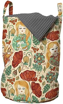 Bolsa de lavanderia floral de Ambesonne, padrão com meninas jovens com gatos e pássaros papaias deixa as obras de arte de Rowan