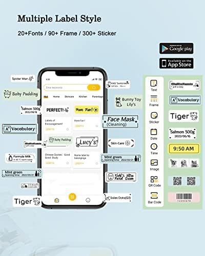 Máquina de fabricantes de etiquetas OROSAUR com fita adesiva, fabricante de etiqueta de impressora Bluetooth portátil HP1 para armazenamento em casa, organização de escritório, escola, isb sem fio USB Recarregável DIY Labelador