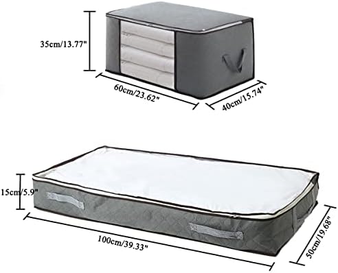 JRIQHHOHD STEN DE 5 GRANDES CAPACIDADES Organizador de bolsas de armazenamento, 75L-80L dobrável sob caixas de armazenamento para roupas para quadros/cobertores/cama com zíper resistente e janela transparente, cinza