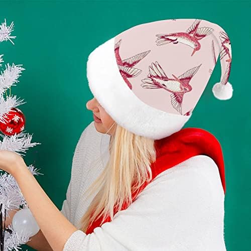 Birds rosa Humling Chapéu de Natal Engraçado Papai Noel Hats Plush curto com punhos brancos para suprimentos de decoração de