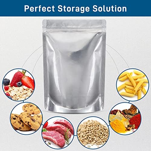 50 pacotes Mylar Bags para armazenamento de alimentos com janela transparente, 1 litro de mylar reutilizável com absorvedor de oxigênio para grãos, trigo, arroz, legumes, carnes a longo prazo de armazenamento de alimentos