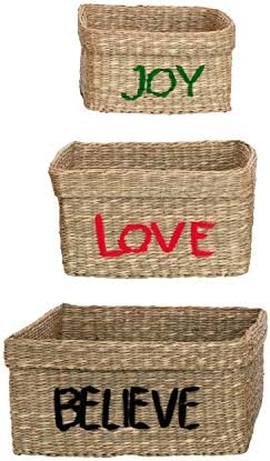 Cooperativa criativa 11-3/4 6 H, 9-1/2 5-1/2 H & 7-3/4 quadrado x 4-3/4 H cestas de ervas marinhas com tecido manual com w/ Palavras bordadas, conjunto de 3 armazenamento decorativo de vime, multi