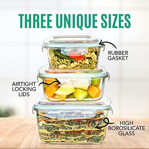 Recipientes de armazenamento de alimentos de vidro extra grandes com tampa hermética 6 PC [3 recipientes com tampas] Microondas/forno/freezer