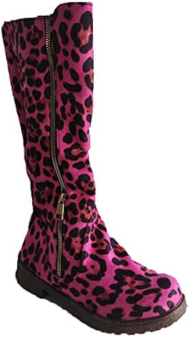 Oiangi Botas de bezerro intermediário para mulheres saltos grossos vintage leopardo redondo lateral com zíper de