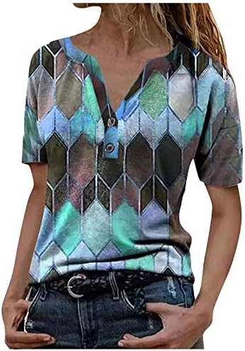 Uikmnh feminino henley camisa argyle camiseta de verão de verão casual henley buttons de manga curta de manga curta