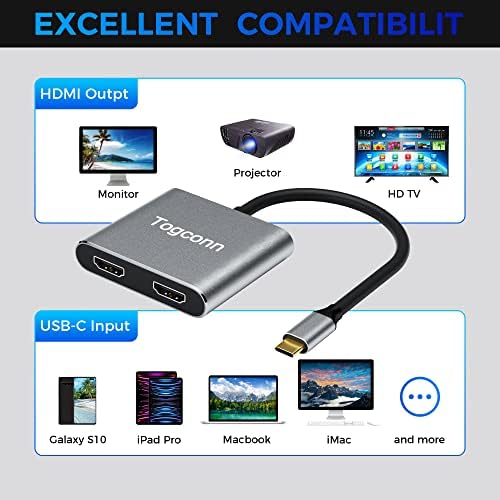 Togconn 4K USB C para o adaptador HDMI duplo, suporta 4K@60Hz, USB C para conector feminino HDMI duplo, conversor tipo