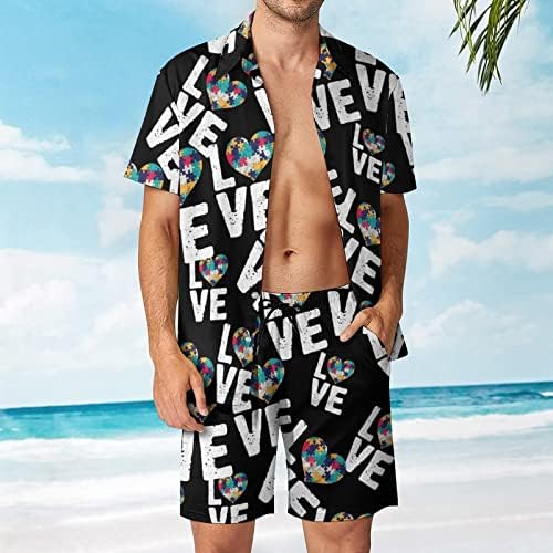 Consciência do autismo Coração Hawaiian Button-Down Camisetas de manga curta e calças roupas de praia de verão