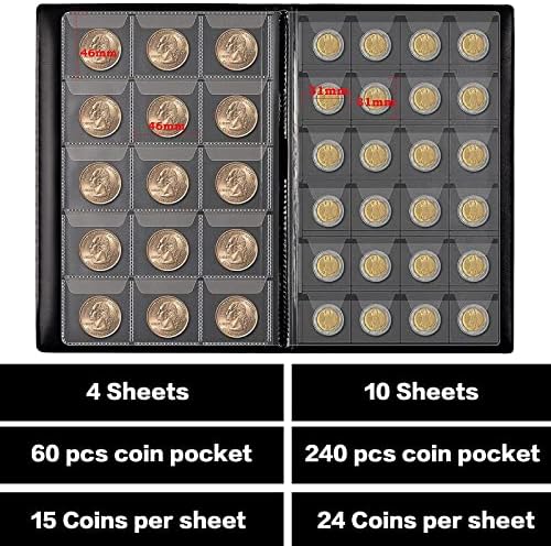 Álbum de titular de livros de coleção de moedas para colecionadores, 300 bolsos de estojo de armazenamento de moedas e 12 lençóis coleta