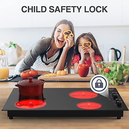 Gihetkut Electric Cooktop, controle elétrico de placa quente por botão, fogão elétrico de 4 queimadores embutidos com 9 níveis de energia, bloqueio de segurança infantil e timer de 99 minutos, 220-240V, 7200W