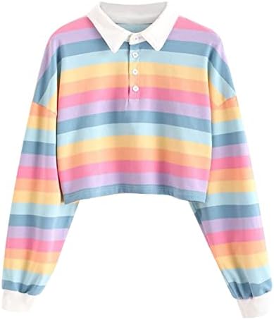 Tops de bloco de cores listradas do arco -íris para mulheres de botão de lapela de primavera camisa de manga longa cortada moletom